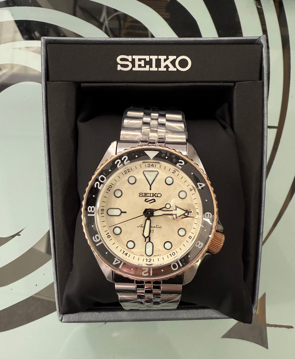 SEIKO Men Analogue Cream Dial Silver Band 5 Sports GMT Asian Limited Edition Mechanical Watch - SSK046K1
