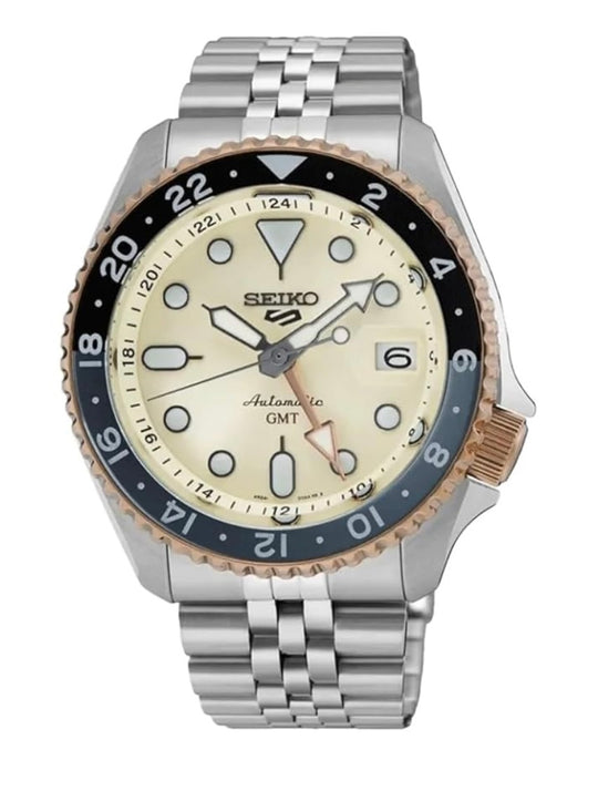 SEIKO Men Analogue Cream Dial Silver Band 5 Sports GMT Asian Limited Edition Mechanical Watch - SSK046K1