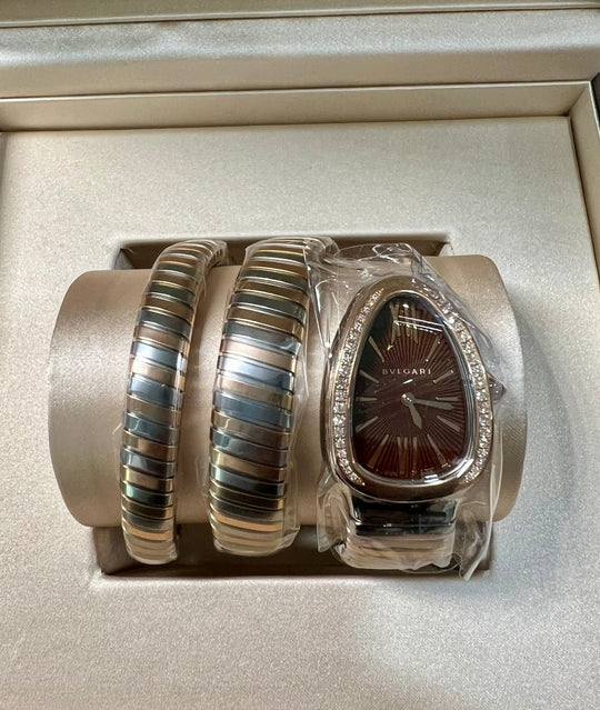 Bvlgari Serpenti Tubogas double brown dial spiral watch with stainless steel - Lc Watches