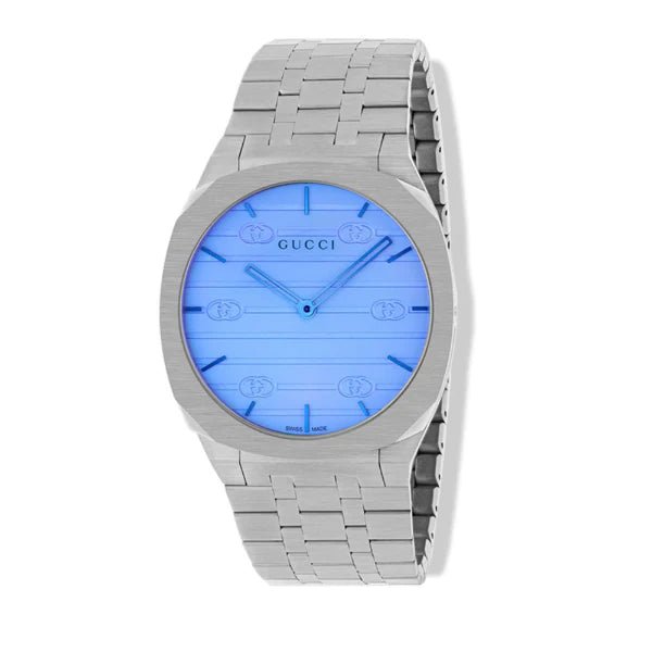 Gucci 25H Silver Stainless Steel Blue Dial Quartz Watch - Lc Watches