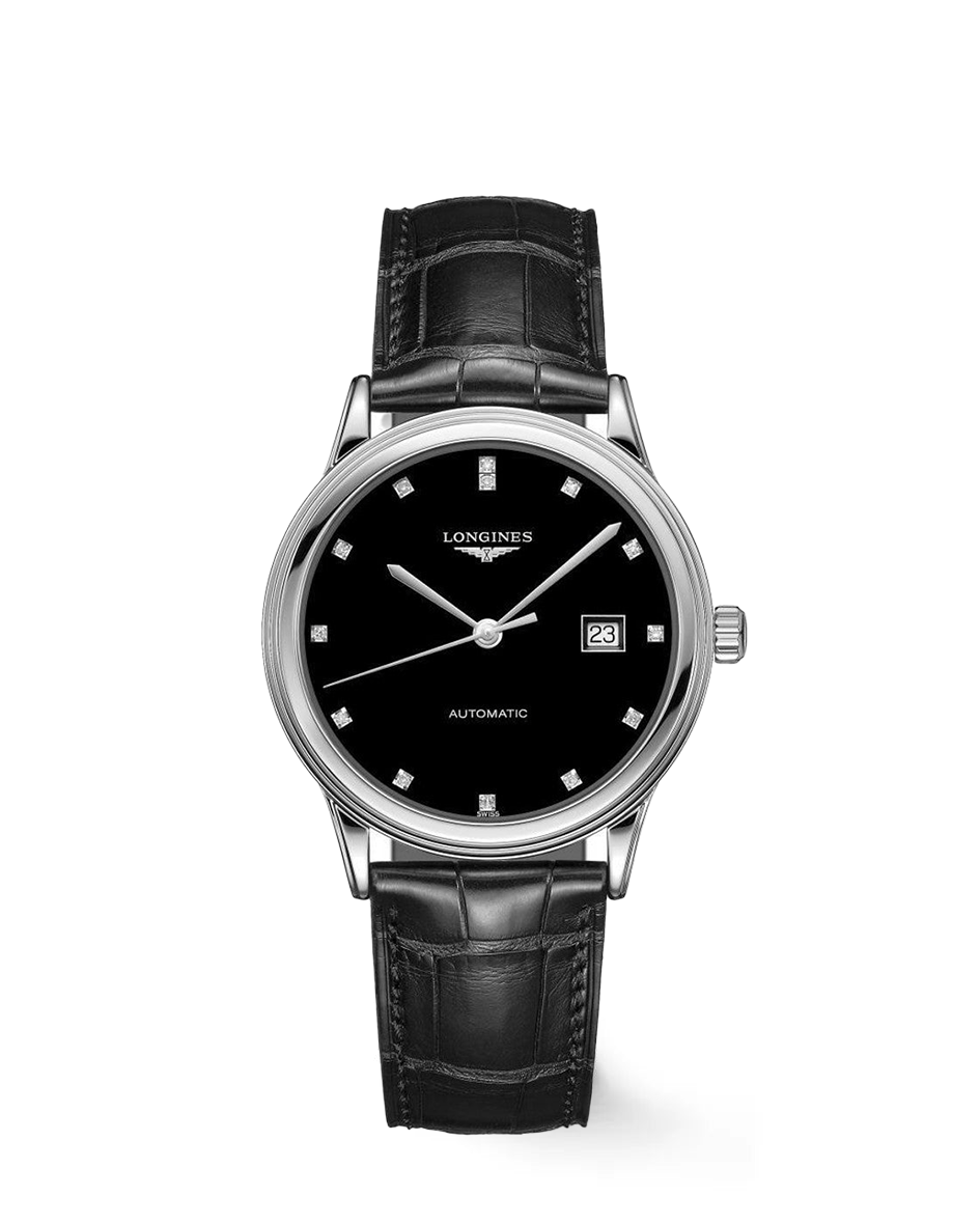 Longines Flagship Automatic Black Diamond Dial Black Leather Strap Unisex Watch - Lc Watches