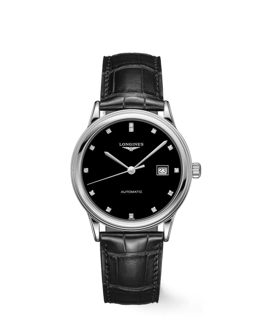 Longines Flagship Automatic Black Diamond Dial Black Leather Strap Unisex Watch - Lc Watches