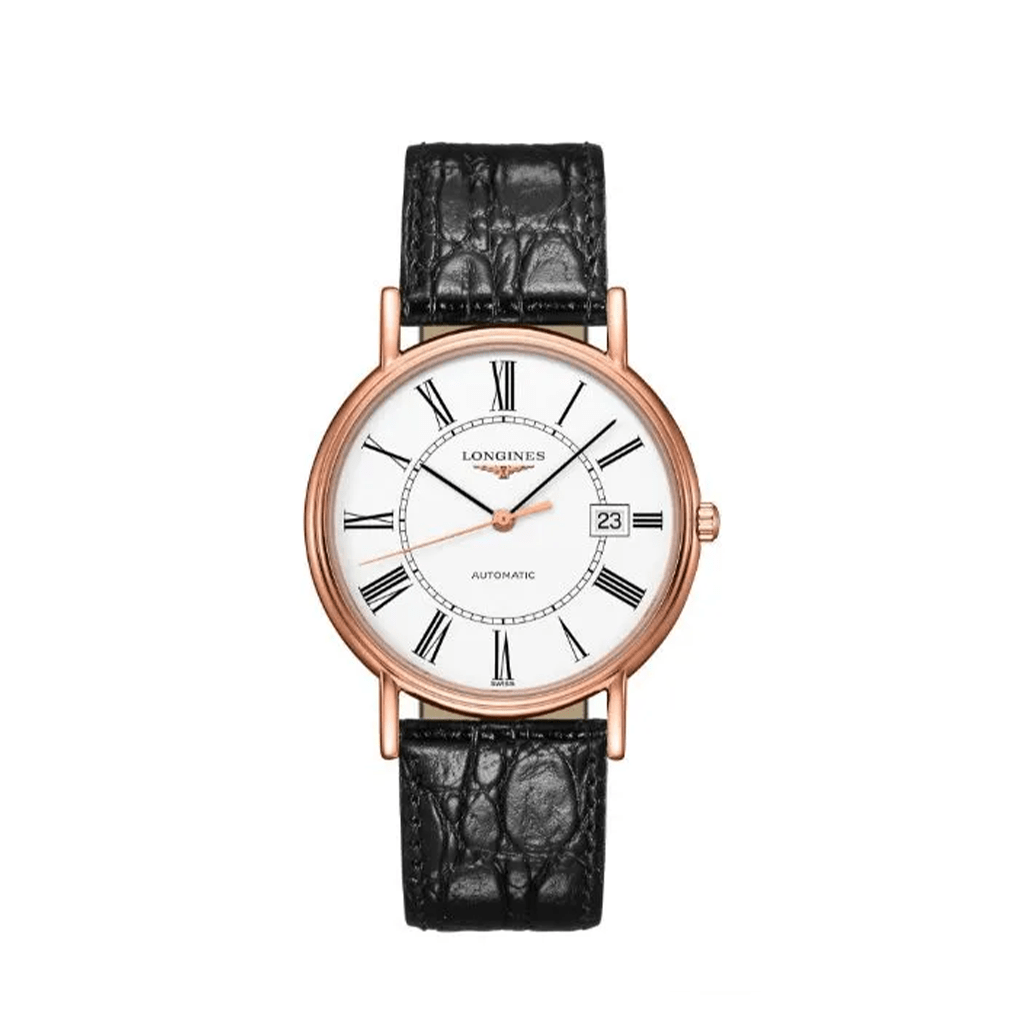 Longines Presence Automatic Rose Gold Dial Black Leather Watch - Lc Watches