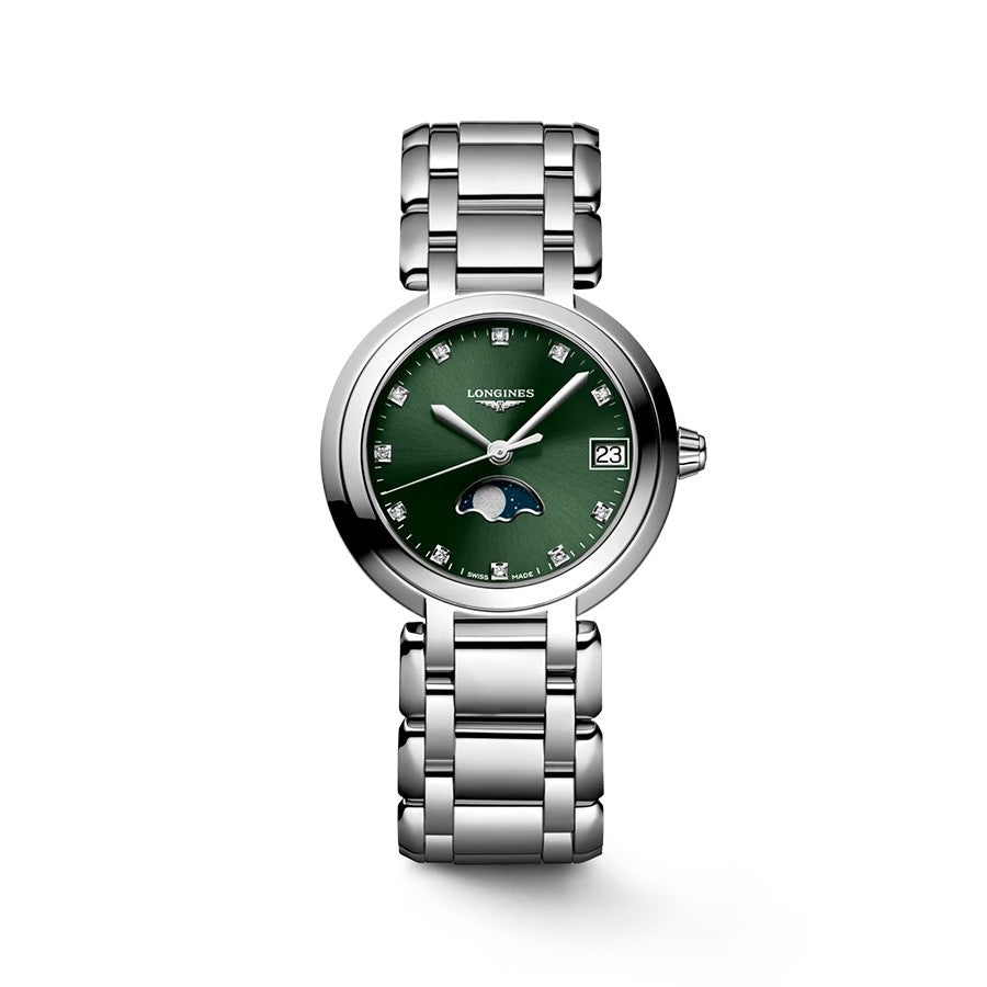 Longines PrimaLuna Moon Phase Quartz Watch - 30.5 mm Steel Case - Green Diamond Dial - Bracelet - Lc Watches