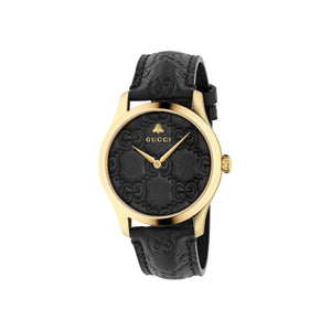 Gucci G-Timeless Gold Tone Embossed Black Leather Wristwatch